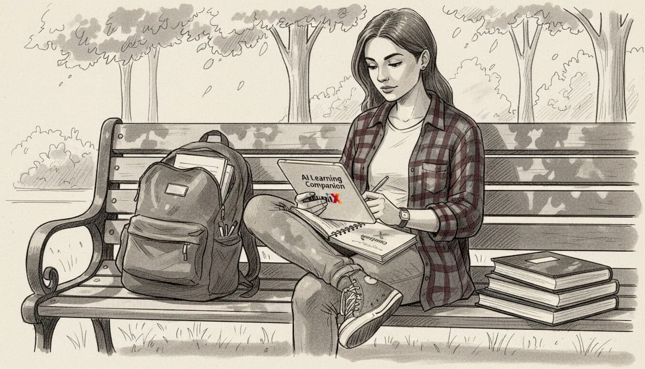 Student using AI companion outdoors