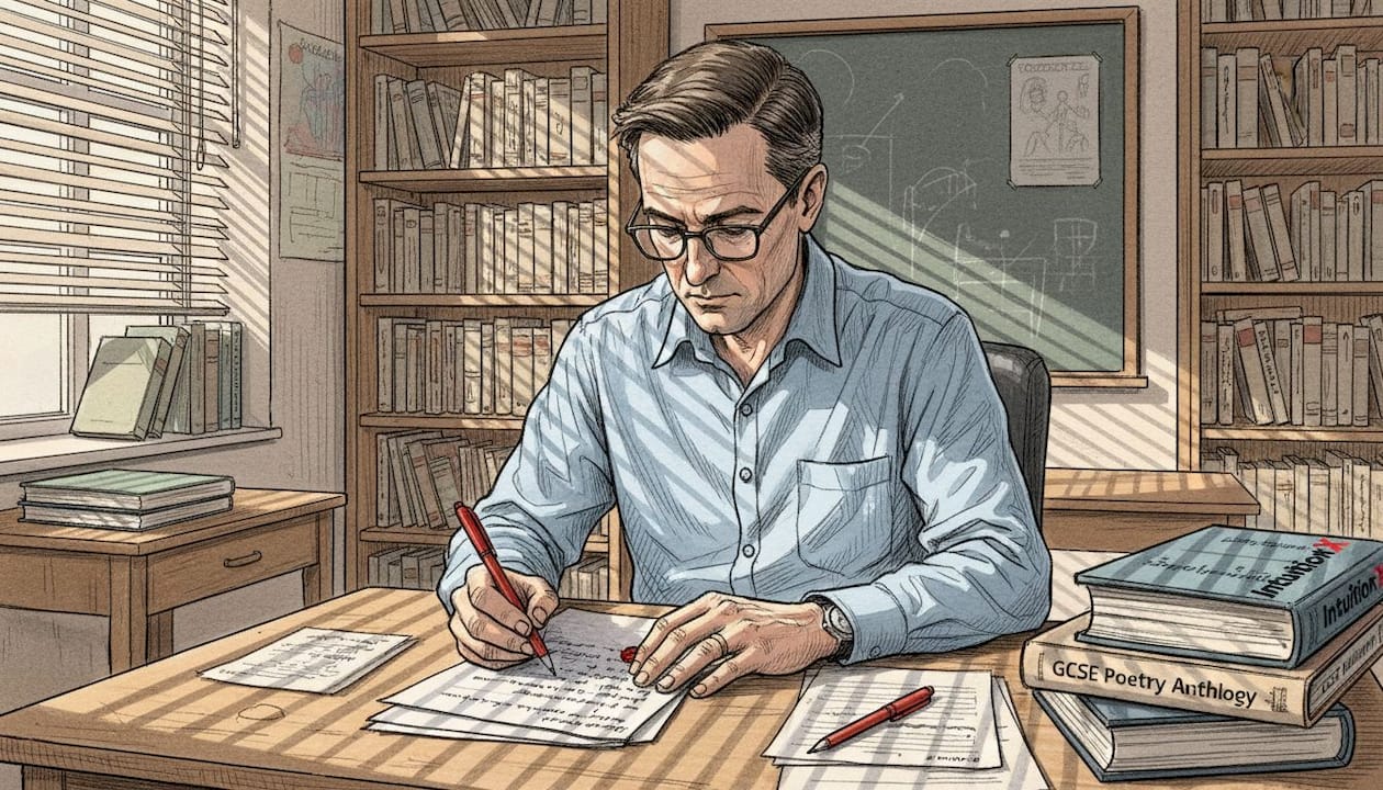 Teacher marking English essay feedback