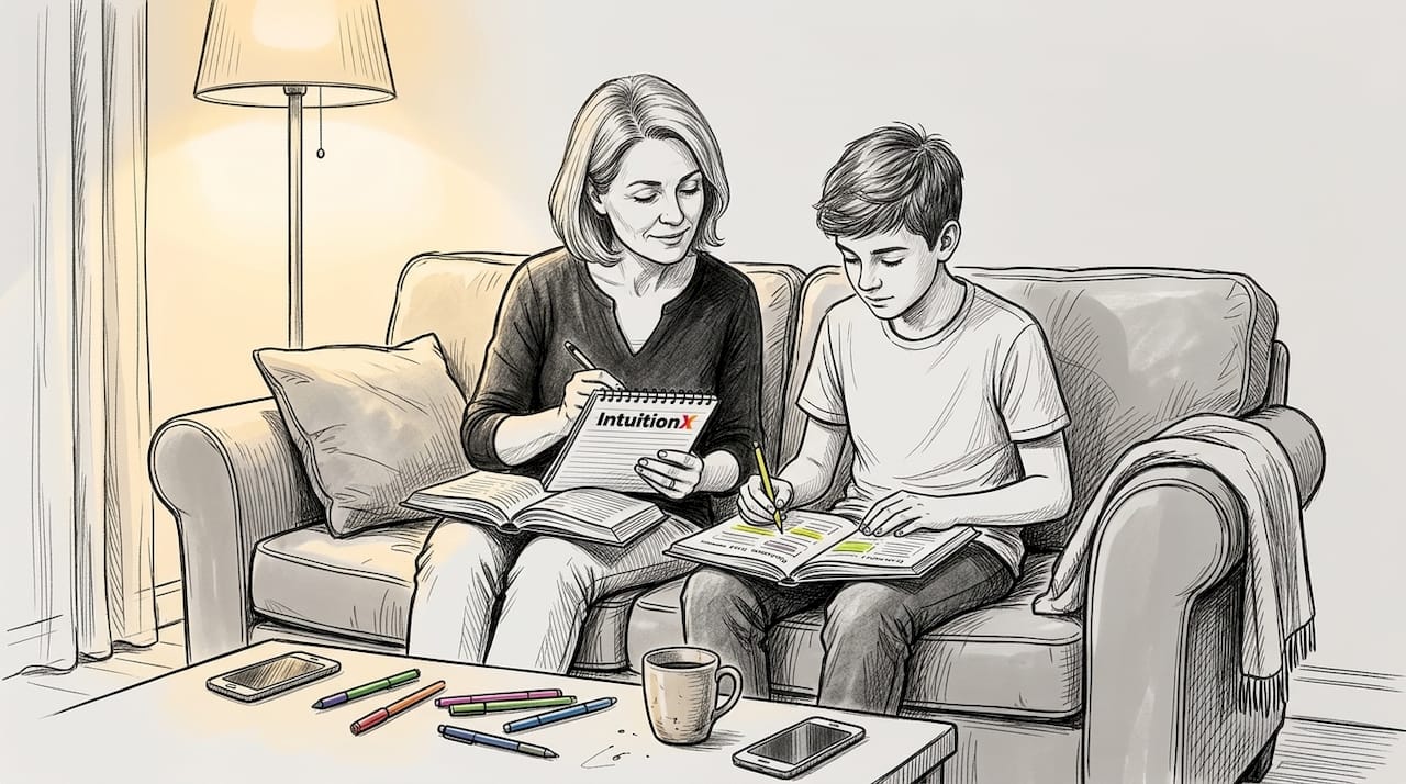 Parent and teen study together on sofa