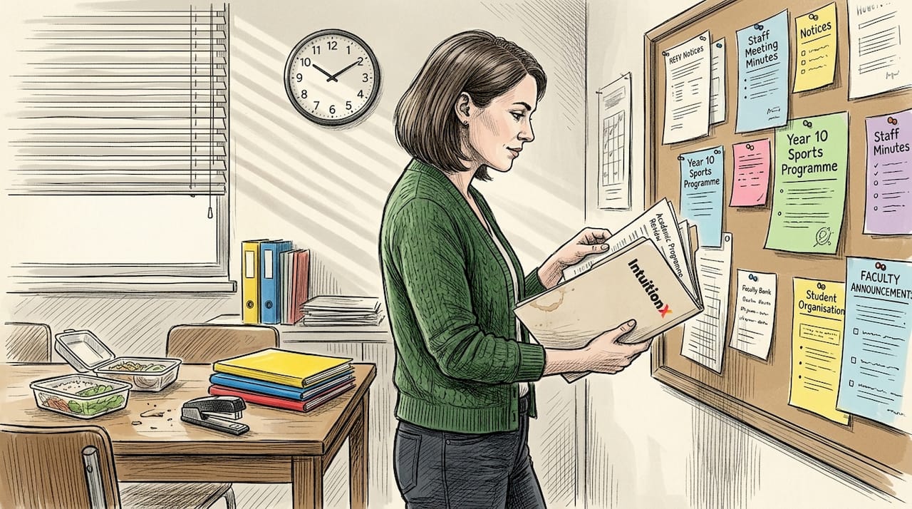 Teacher reviewing reports near bulletin board
