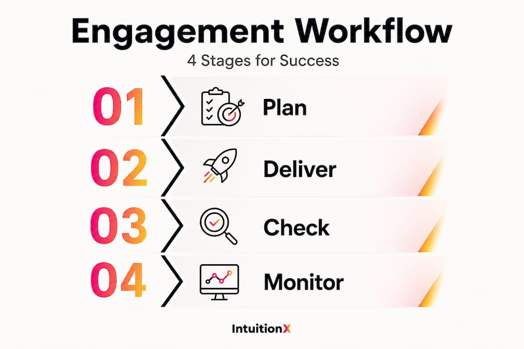 Four stage learner engagement workflow infographic