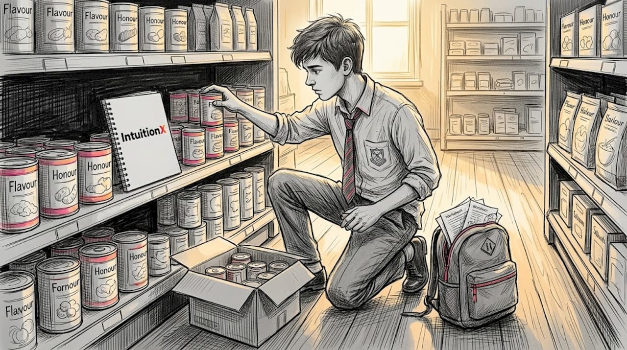 Teen stacking canned goods after school