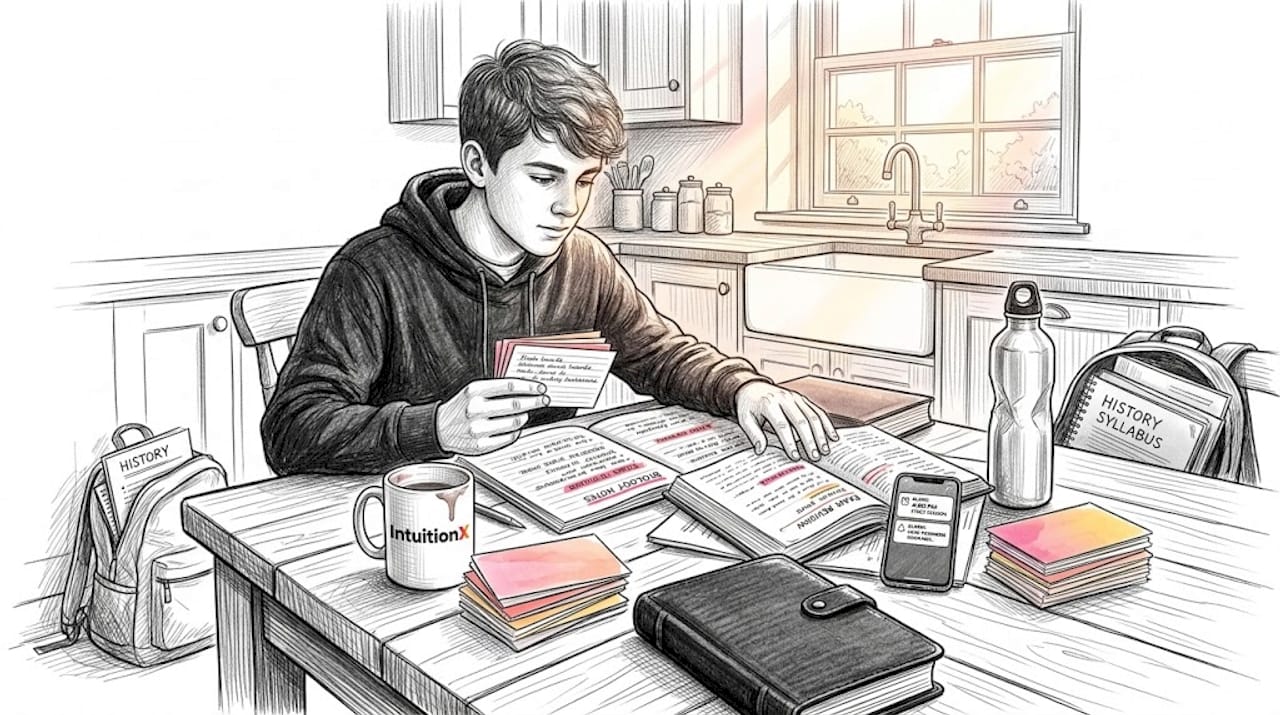 Teen using flashcards at kitchen table