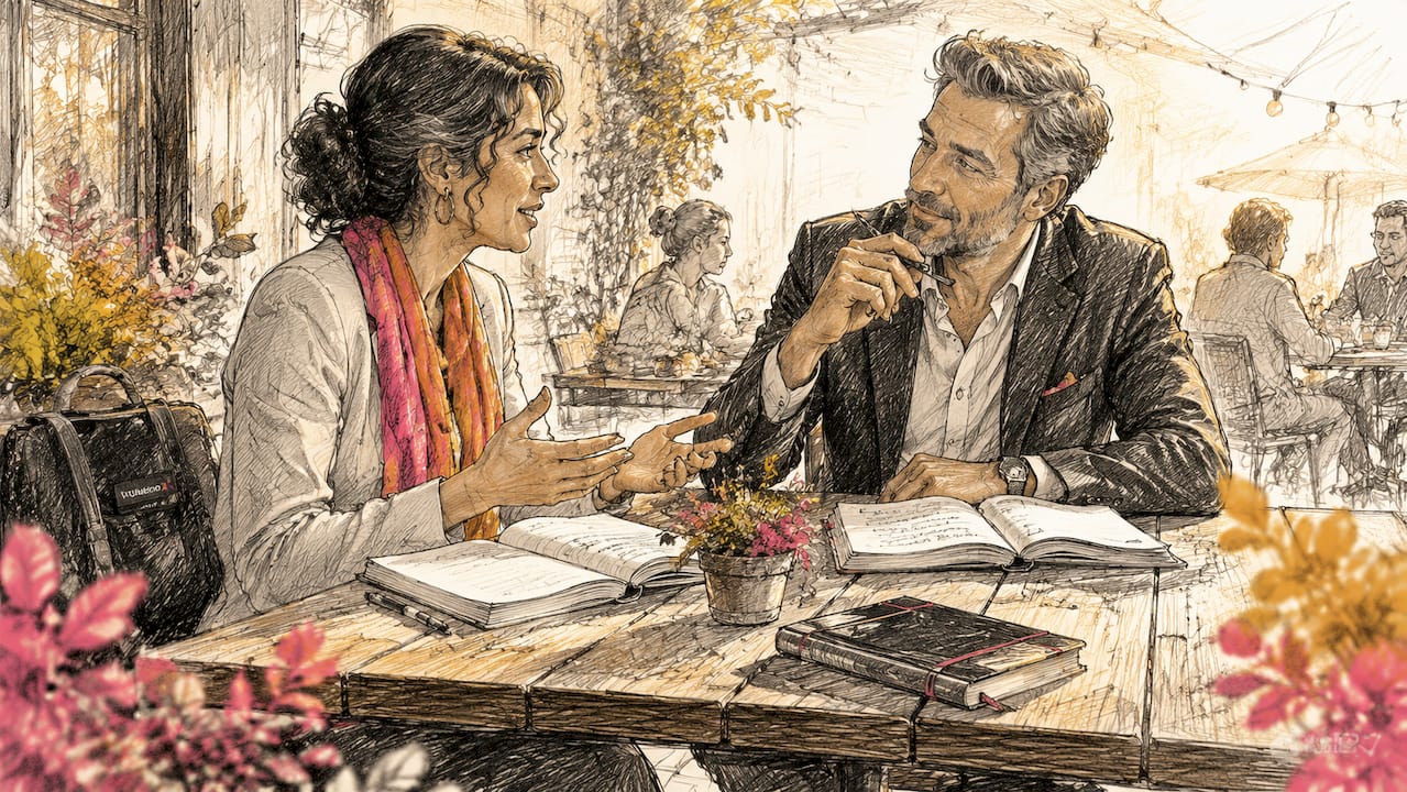 Two professionals discussing lifelong learning benefits