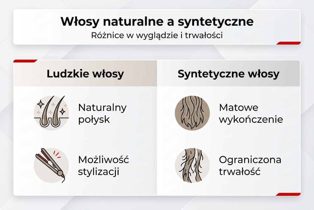 Porównanie włosów naturalnych i syntetycznych w formie infografiki
