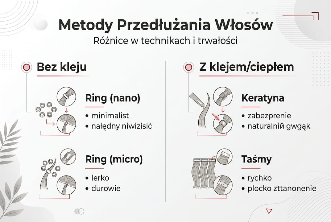Porównawcza infografika pokazująca najpopularniejsze sposoby przedłużania włosów