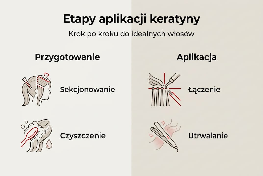Grafika pokazująca krok po kroku, jak prawidłowo nakładać keratynę na włosy