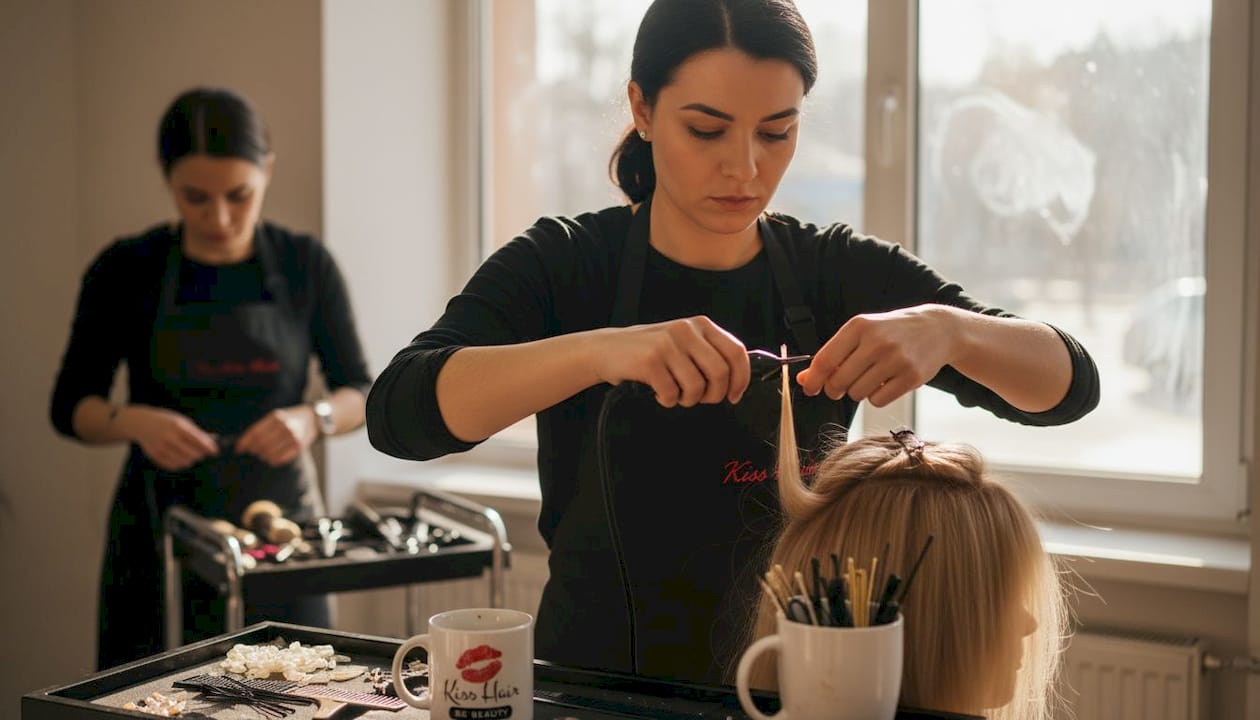 Fryzjerka nakłada keratynę na włosy swojej klientki.