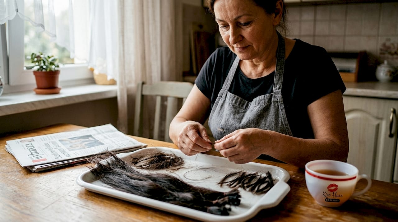 Osoba pracująca przy stole, która własnoręcznie sortuje włosy.