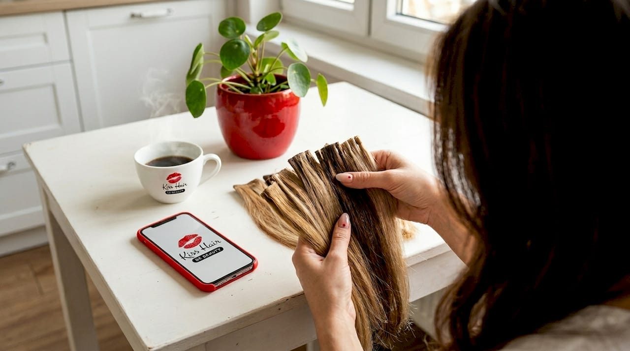 Porównywanie kolorów doczepianych włosów przy kuchennym stole