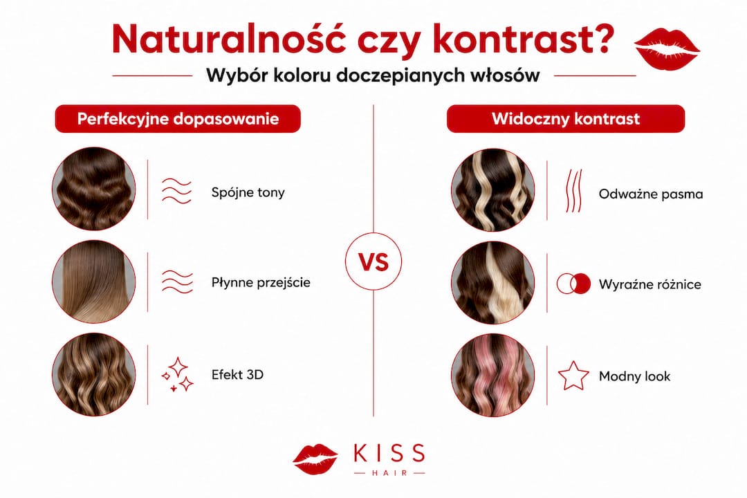 Infografika: porównanie efektów jednolitego i kontrastowego koloru przedłużanych włosów