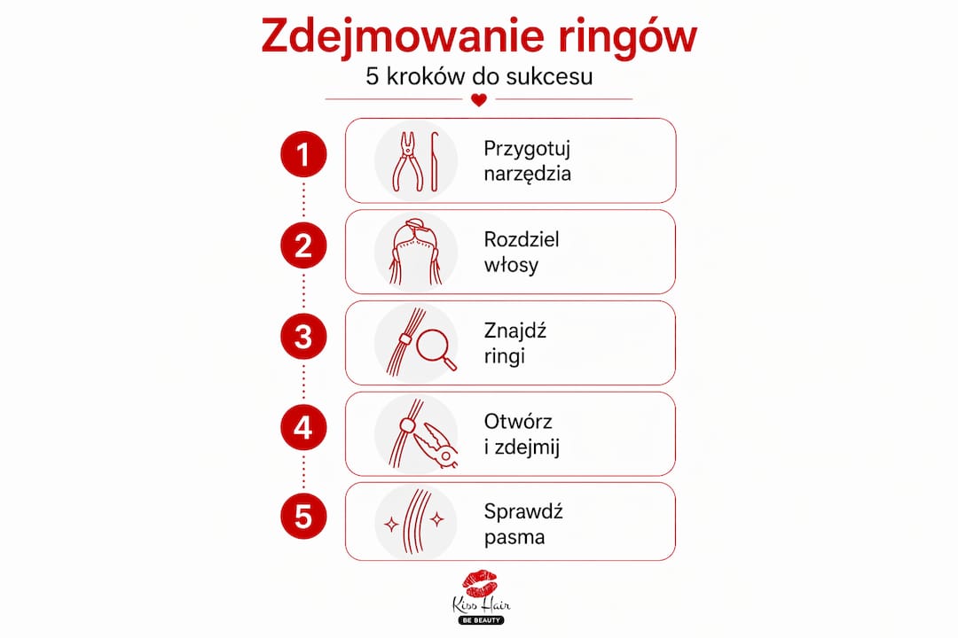 Infografika pokazująca, jak krok po kroku bezpiecznie zdjąć ringi – pięć prostych etapów.