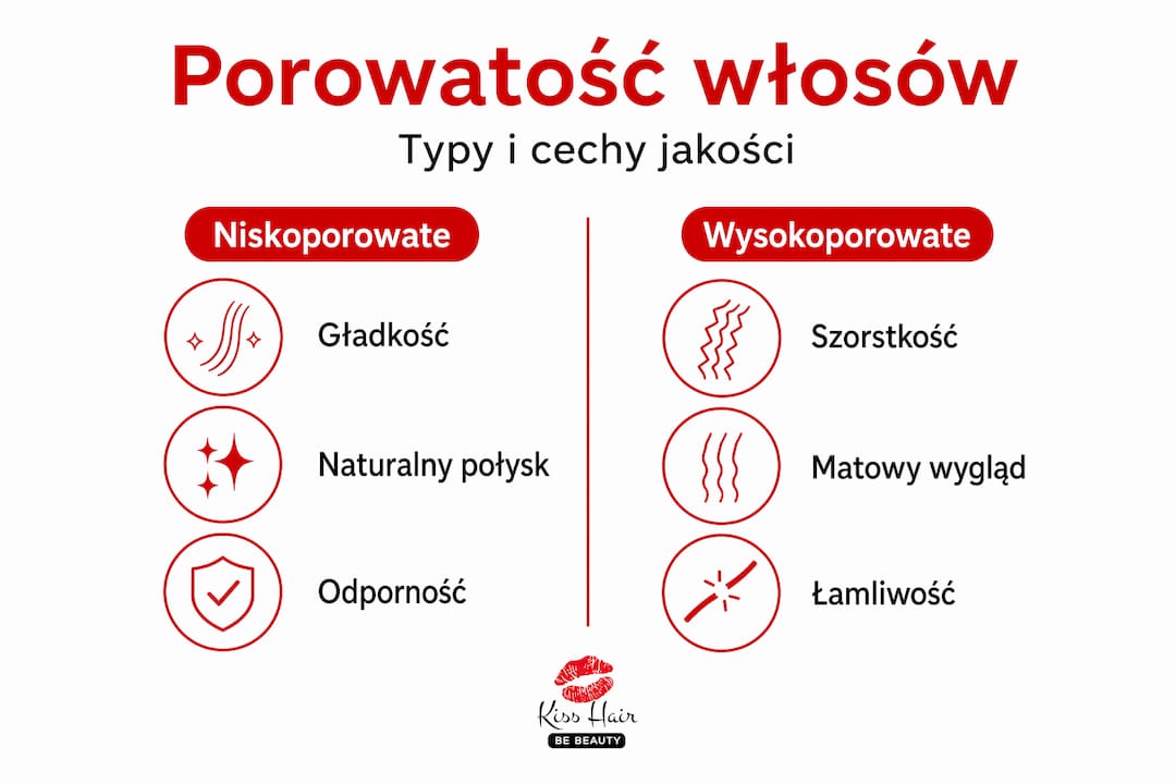 Infografika przedstawiająca porównanie różnych typów porowatości włosów