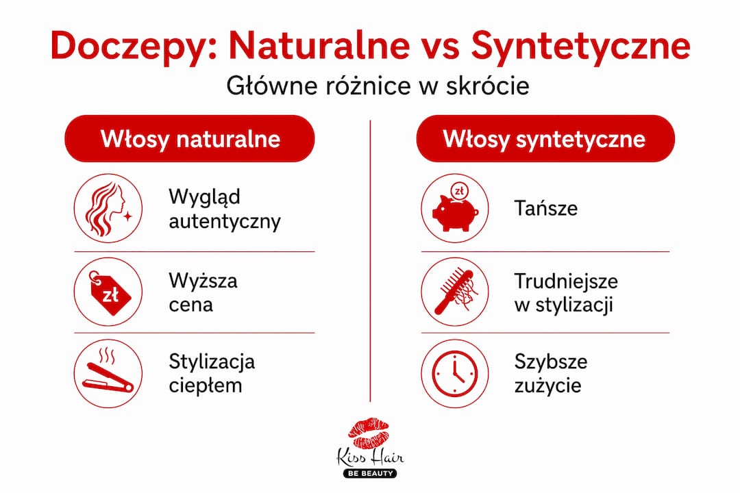 Grafika pokazująca różnice między doczepami z naturalnych włosów a tymi wykonanymi z włókien syntetycznych