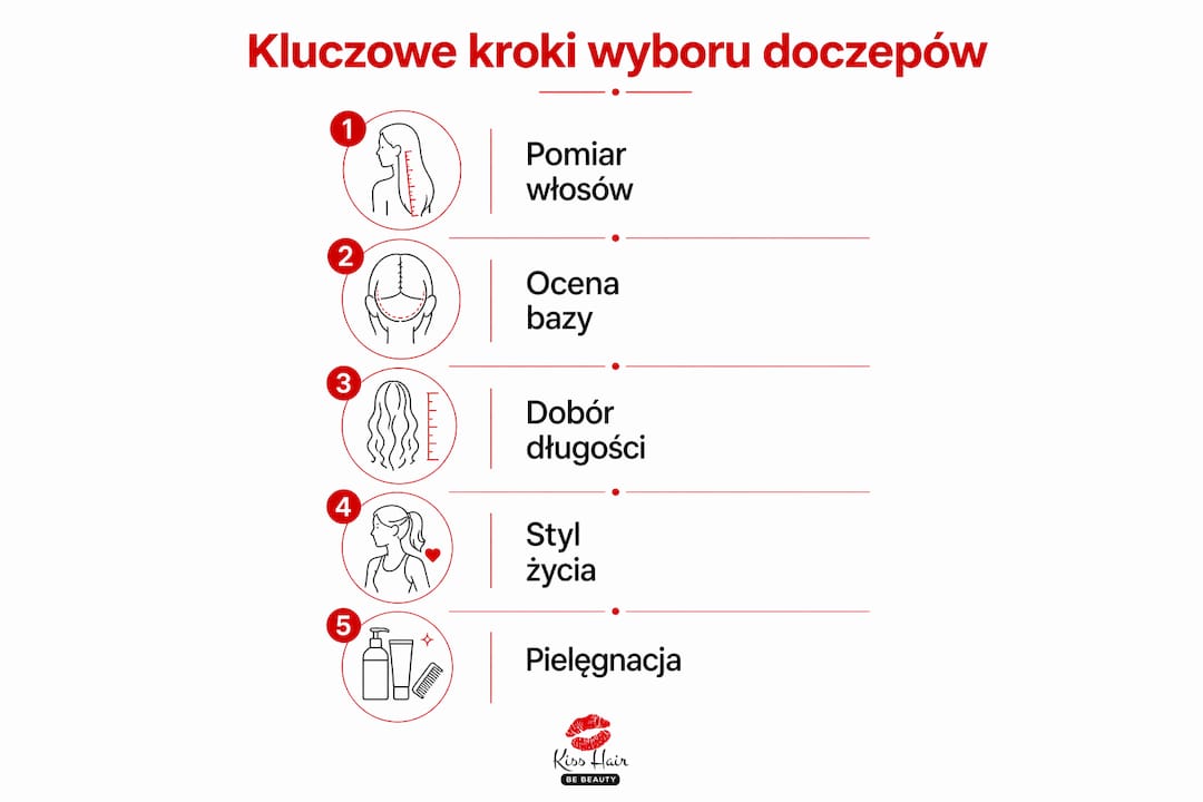 Infografika przedstawiająca krok po kroku, jak wybrać odpowiednie doczepy do włosów