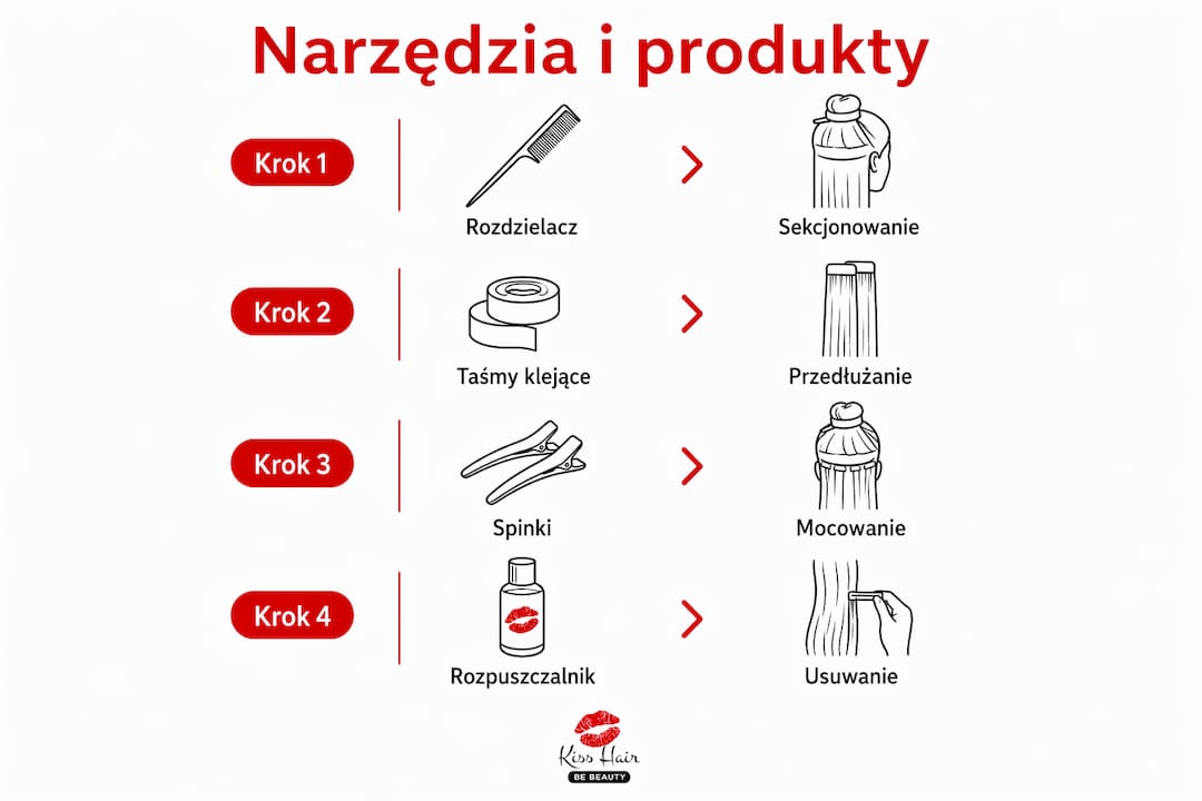 Infografika pokazująca najważniejsze akcesoria i produkty wykorzystywane przy metodzie tape-on.