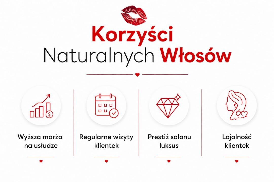 Infografika przedstawiająca najważniejsze czynniki, które wpływają na wzrost przychodów salonu dzięki zastosowaniu naturalnych włosów