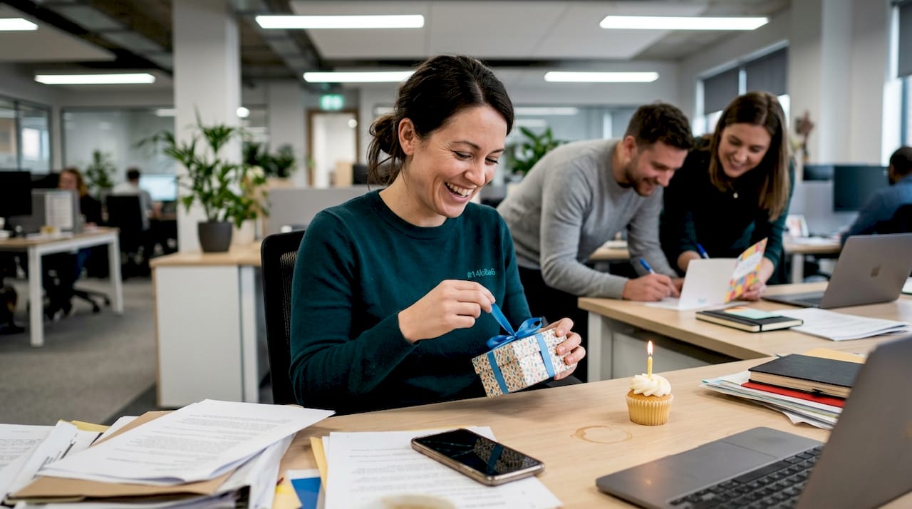 Colleagues celebrating work birthday at desk