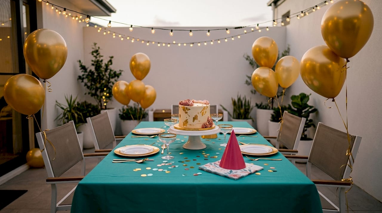 Gold centerpiece table at birthday party