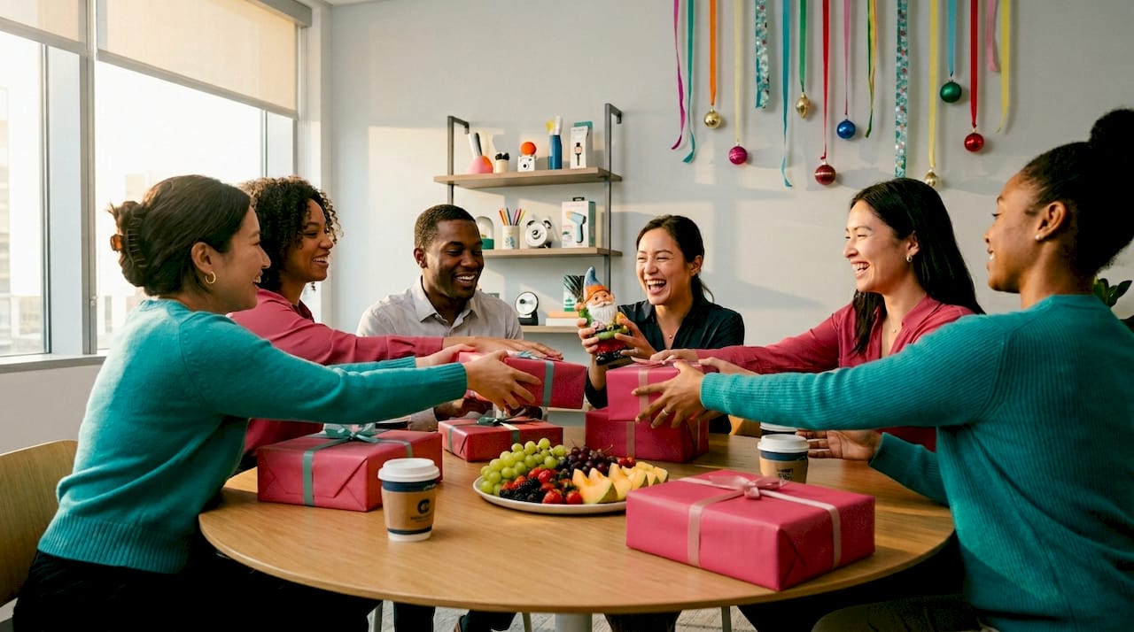 Colleagues play White Elephant gift exchange