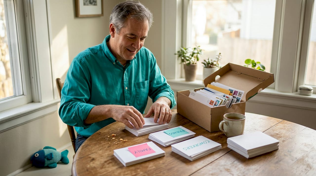 Sorting address cards by holiday category