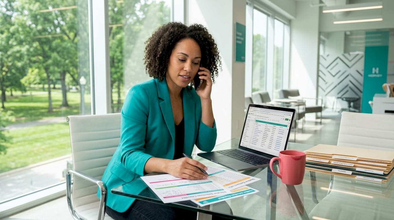 Event coordinator checking vendor lists in office