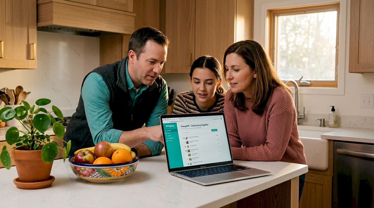 Family coordinating group gift list in kitchen