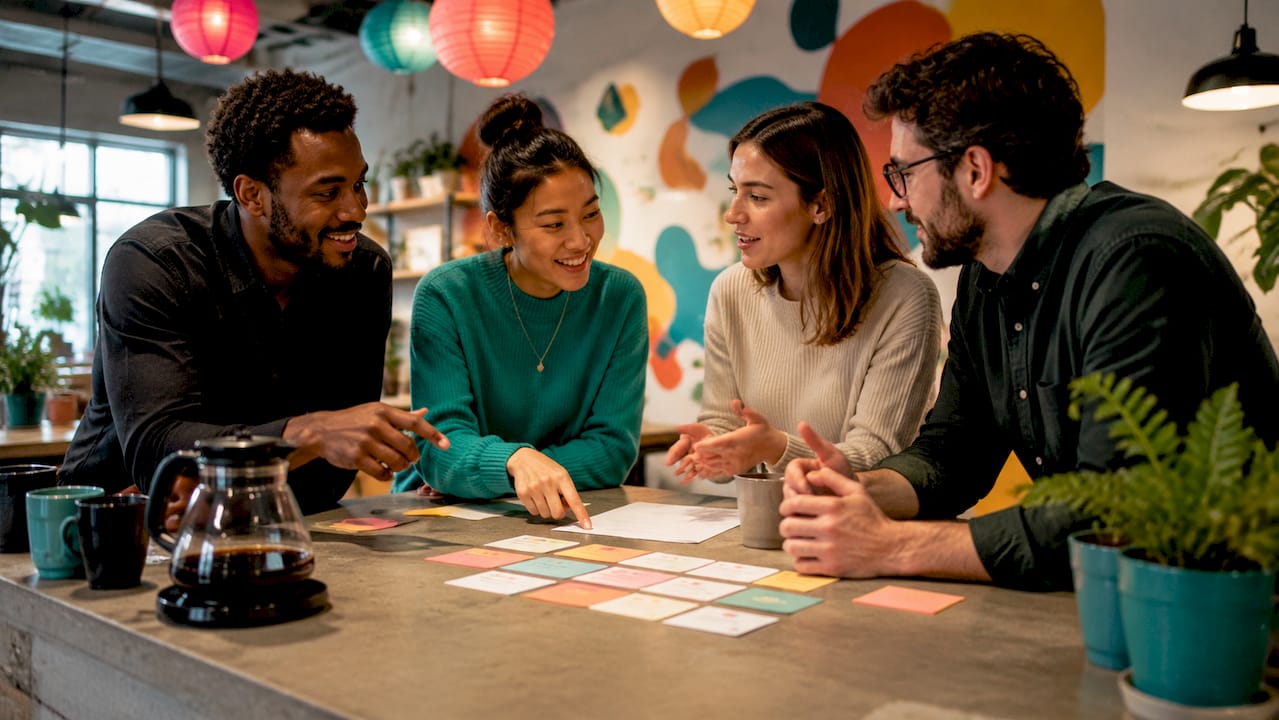 Team discussing celebration categories around table