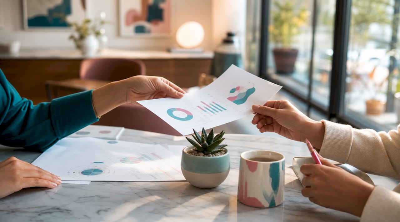 Hands exchanging reports illustrating performance