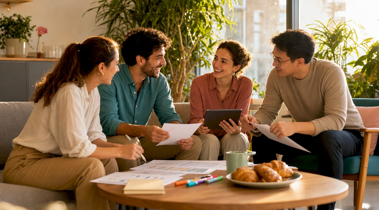Team collaborating on celebration budget in office