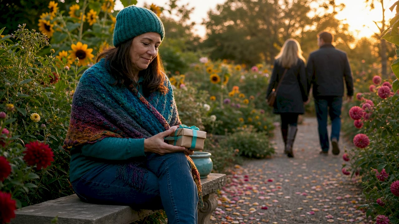 Woman reflecting on celebration outdoors on bench