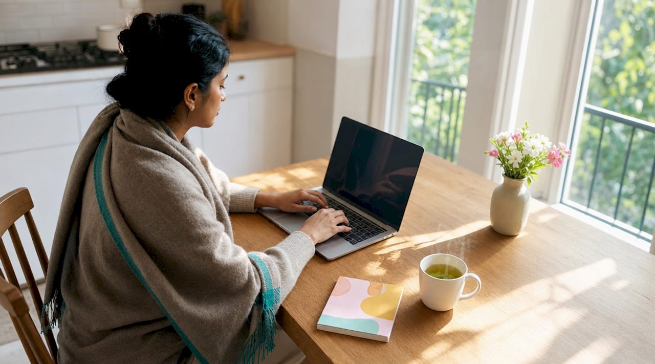 Remote worker calmly focusing at home desk