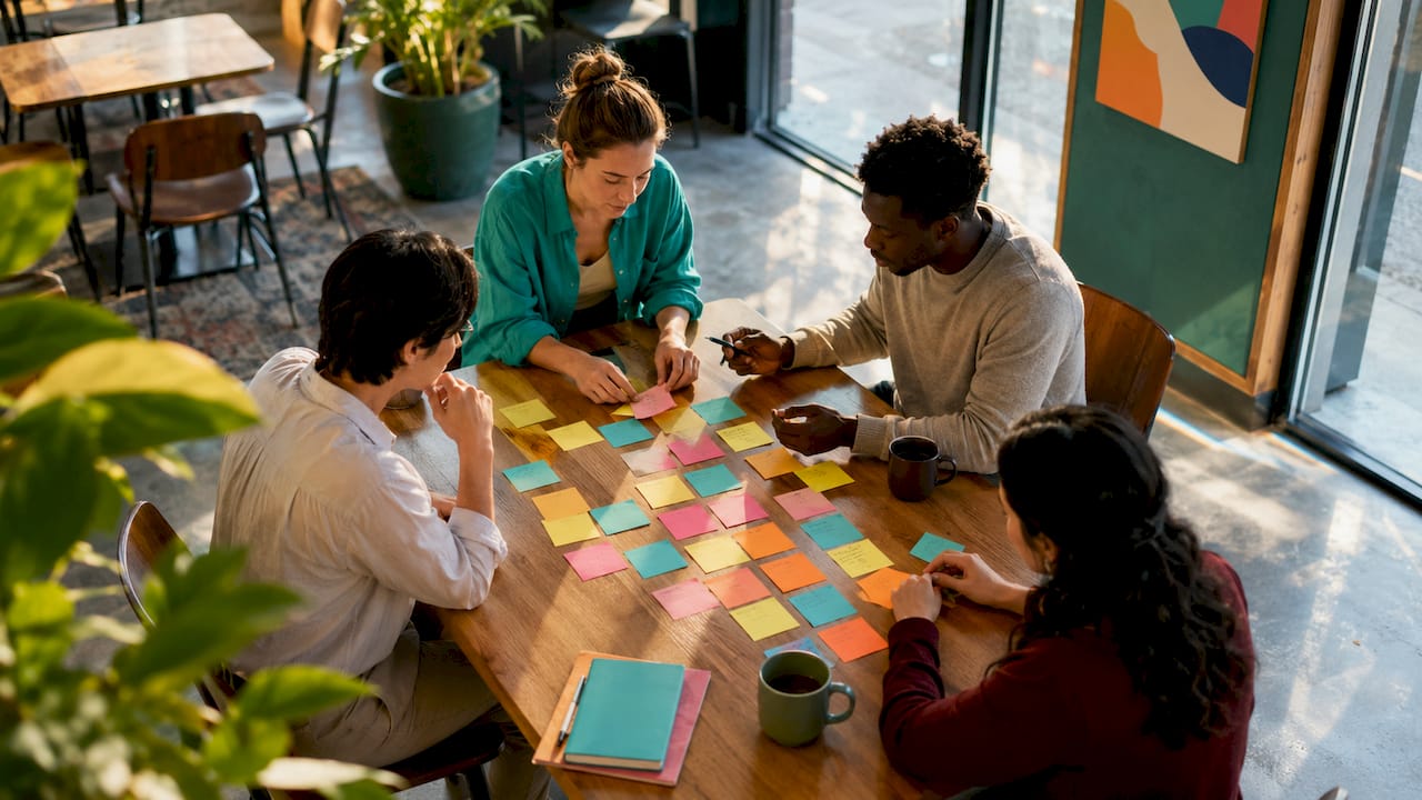 Team members organizing stakeholder roles with sticky notes