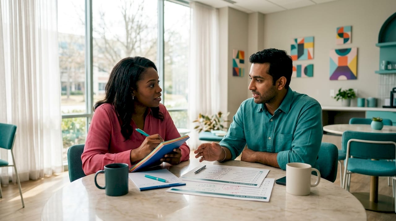 Two colleagues discussing office event checklist