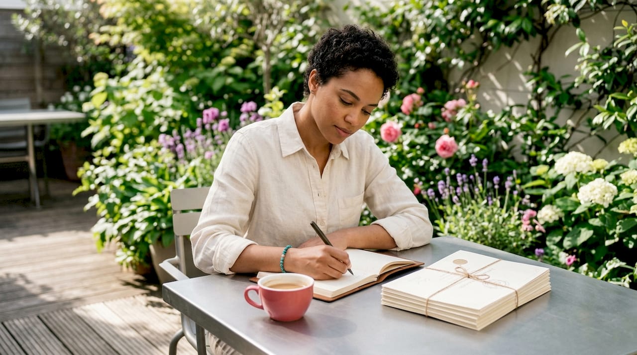 Person writing recognition notes at home desk