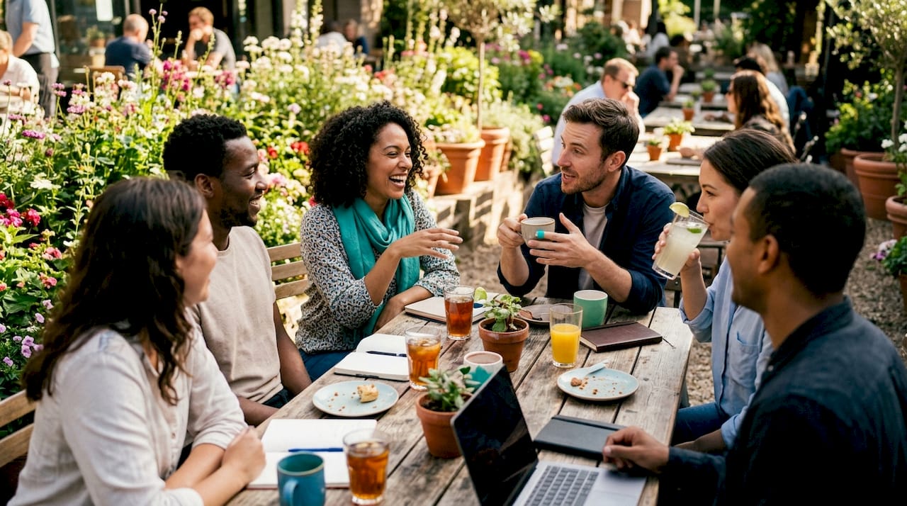 Small diverse team enjoying casual meeting