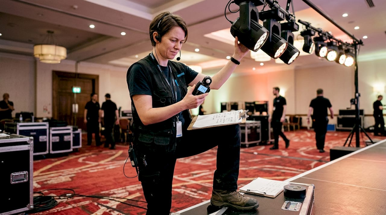 Engineer checking lux levels on hotel stage