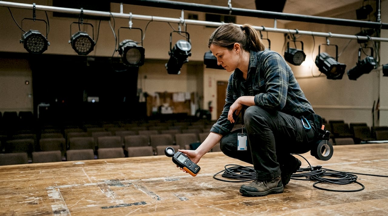 Technician measuring stage lighting with lux meter