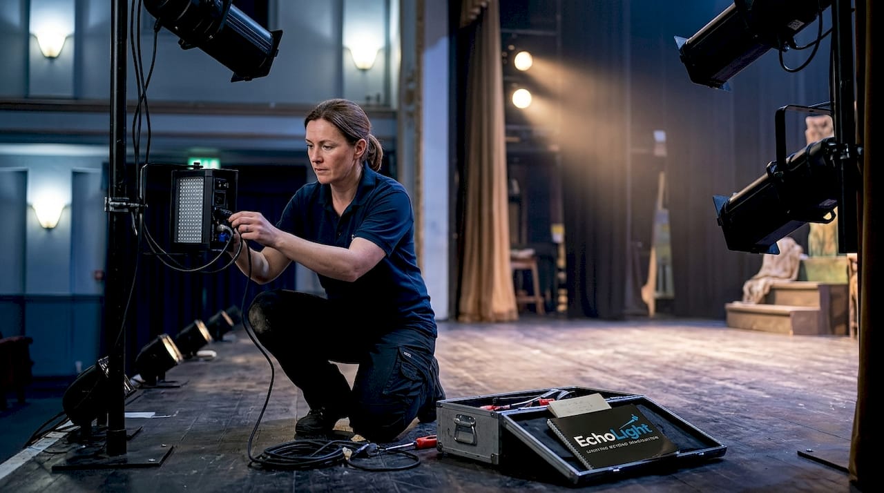 Staff inspects side lighting fixtures on stage