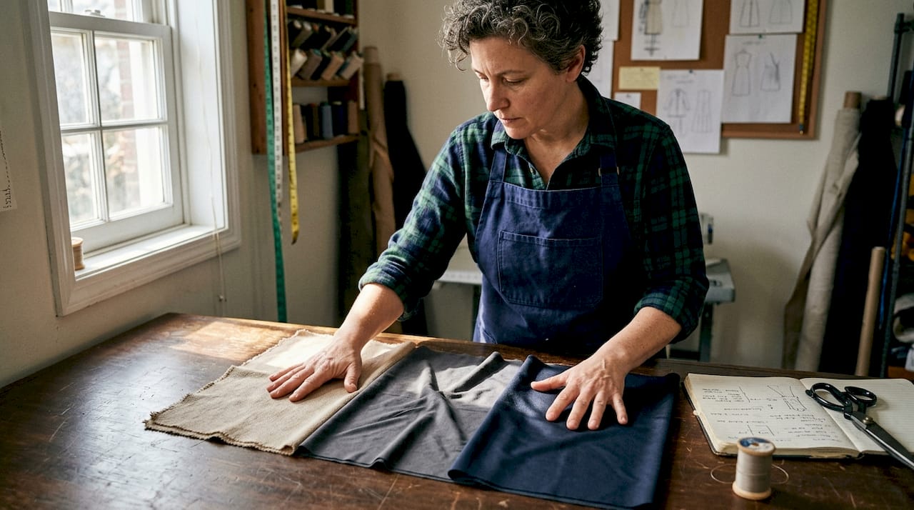 Specialist comparing athleisure fabric swatches