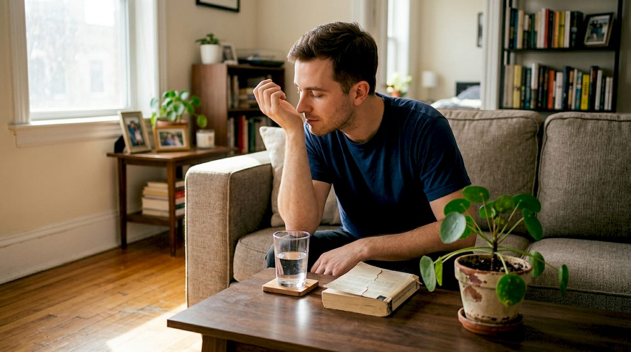 Man smells wrist testing perfume on sofa