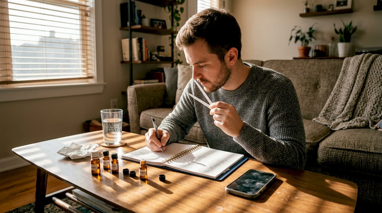 Man testing perfume layers with scent strips