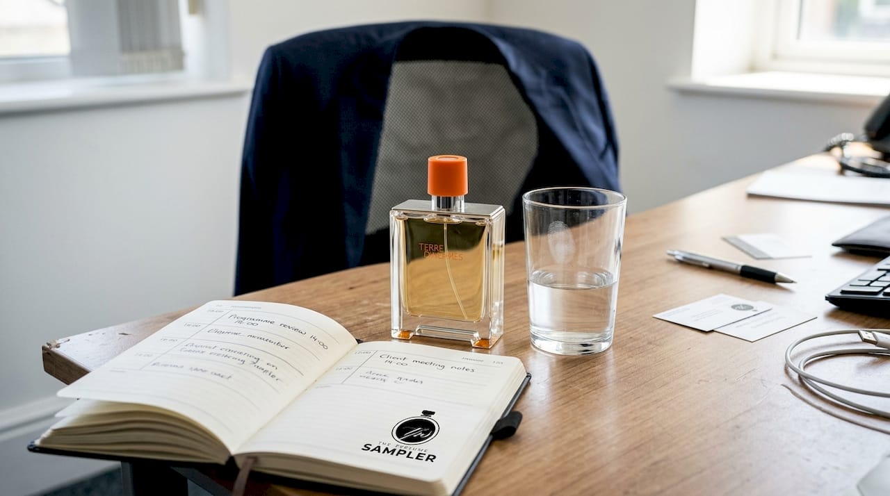 Hermès Terre d'Hermès bottle on office desk