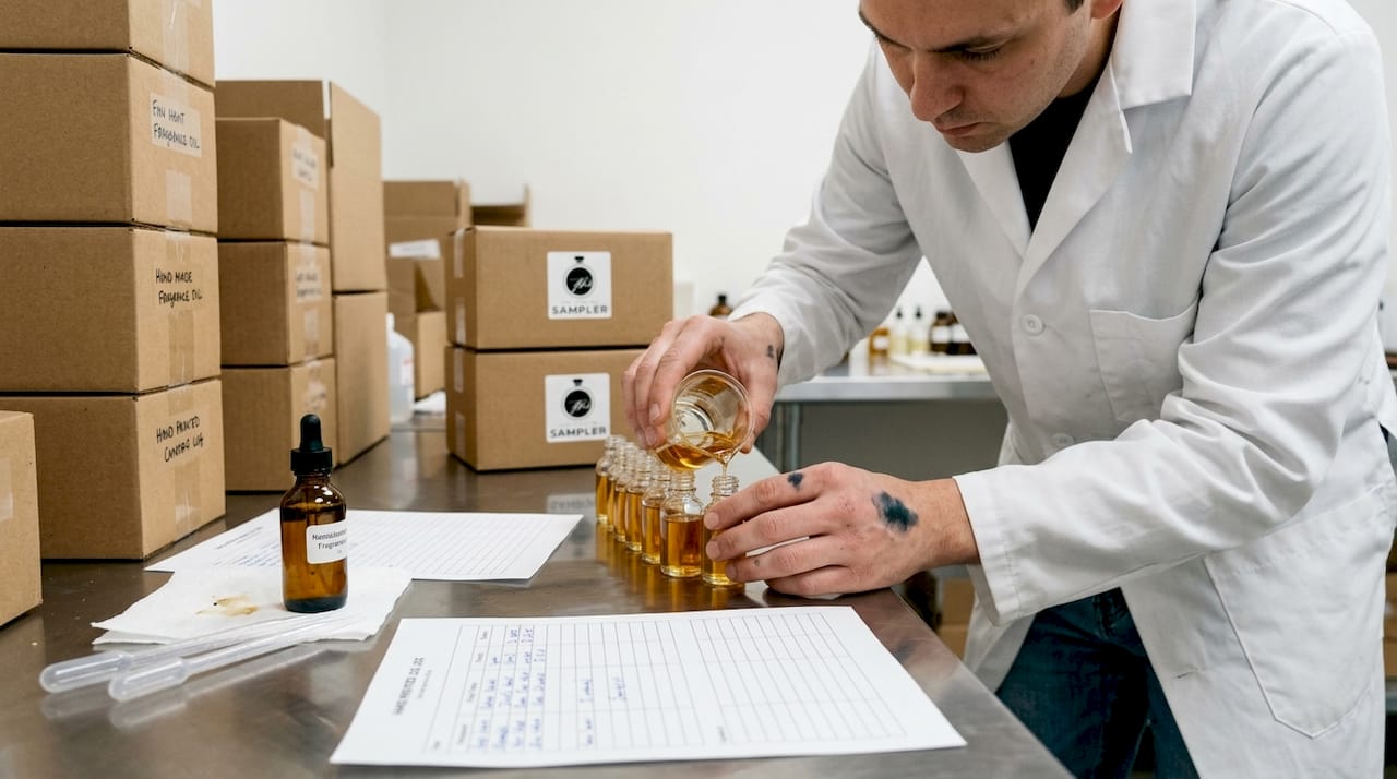 Technician bottling small batch fragrances in perfumery lab