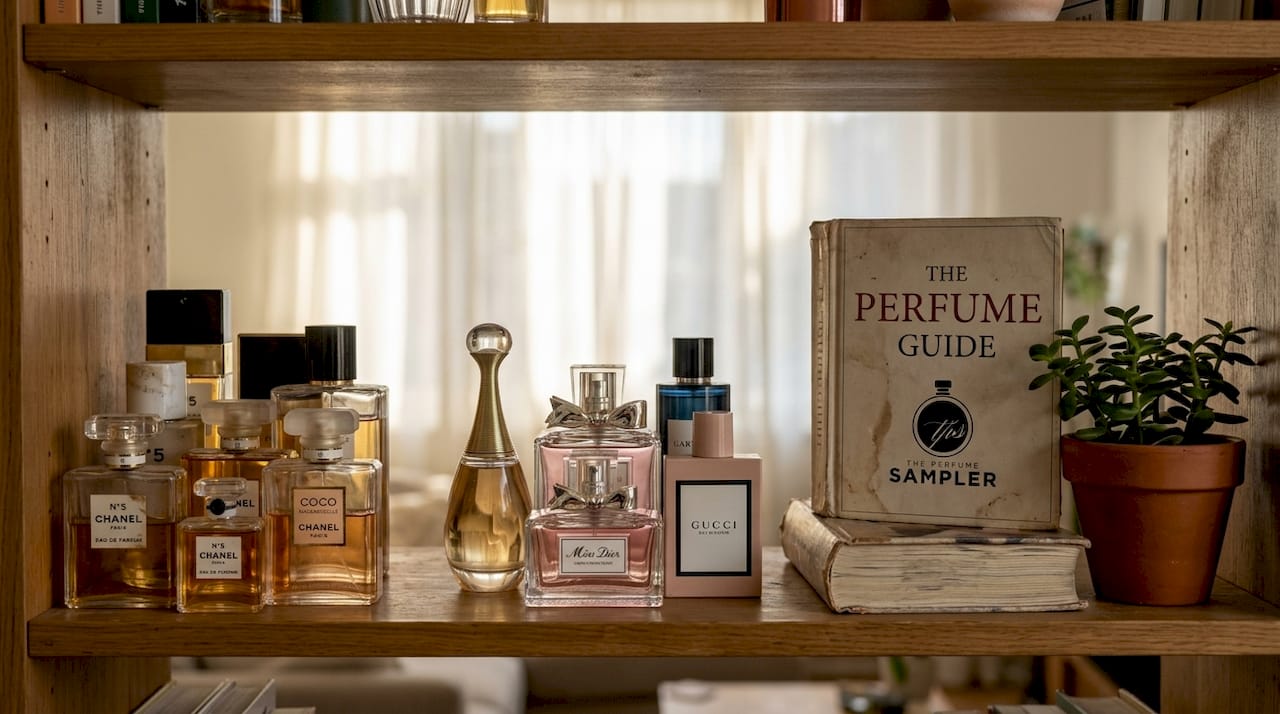 Shelf displaying various designer perfume bottles