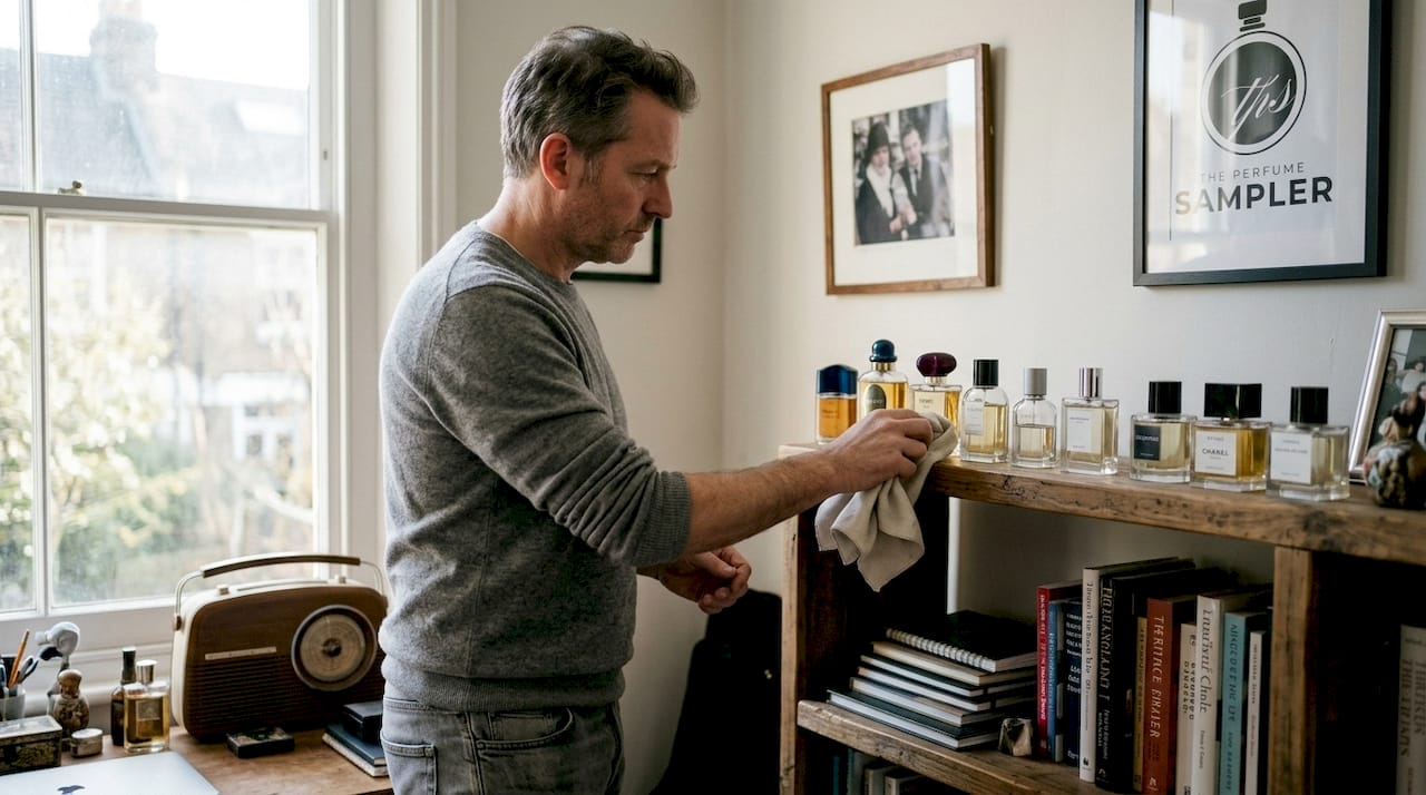 Man dusting vintage perfume bottles chronological