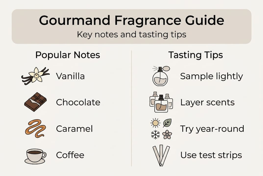 Infographic showing notes and tasting tips for gourmand fragrances