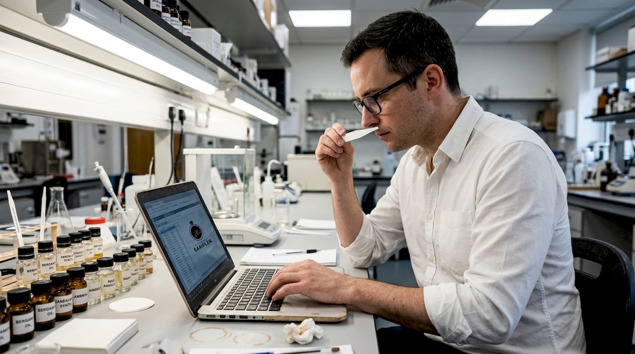 Perfume chemist testing scent strips in lab