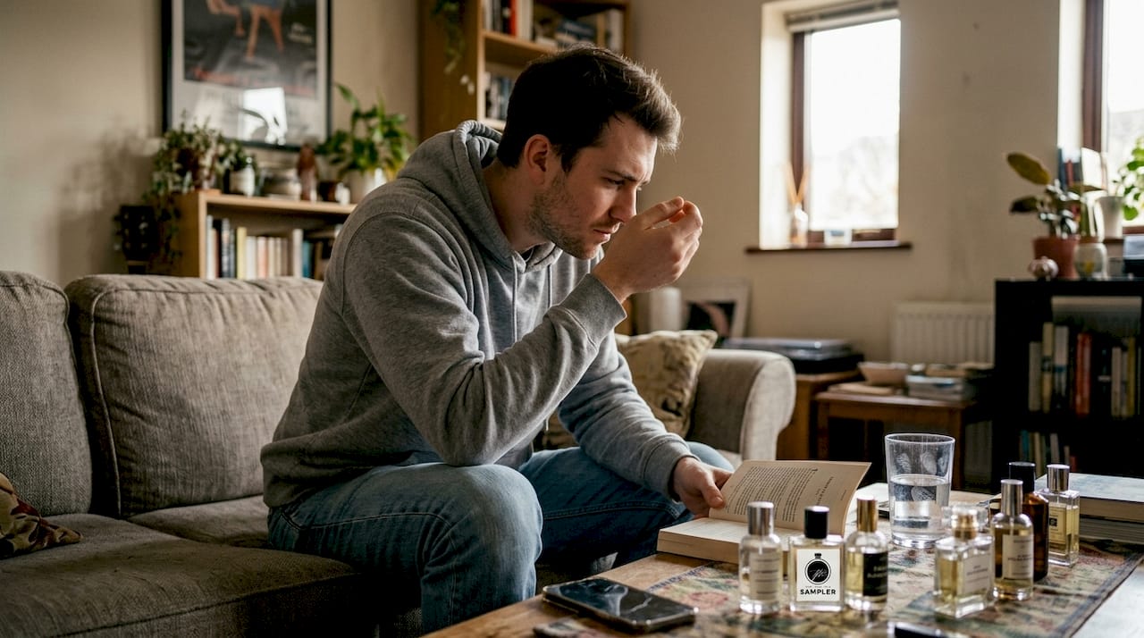 Man comparing fragrances on his wrist skin