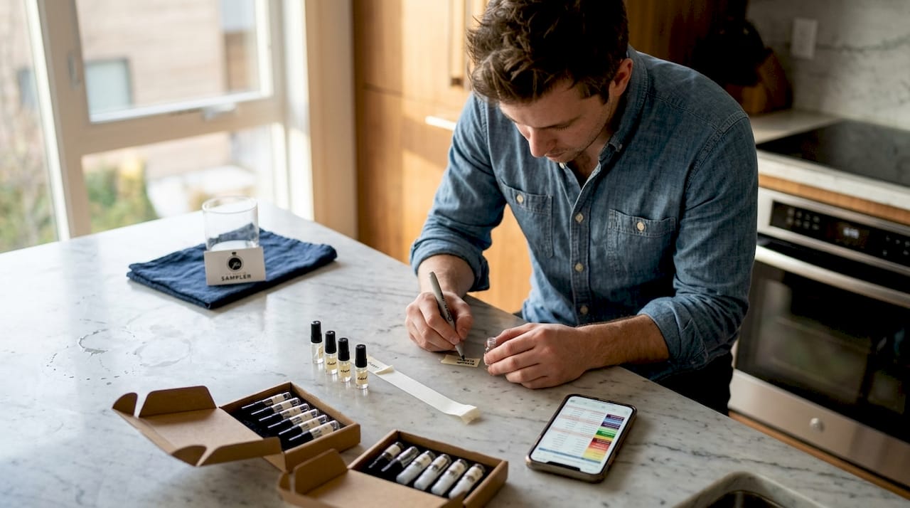 Man labeling perfume decant bottles at kitchen island